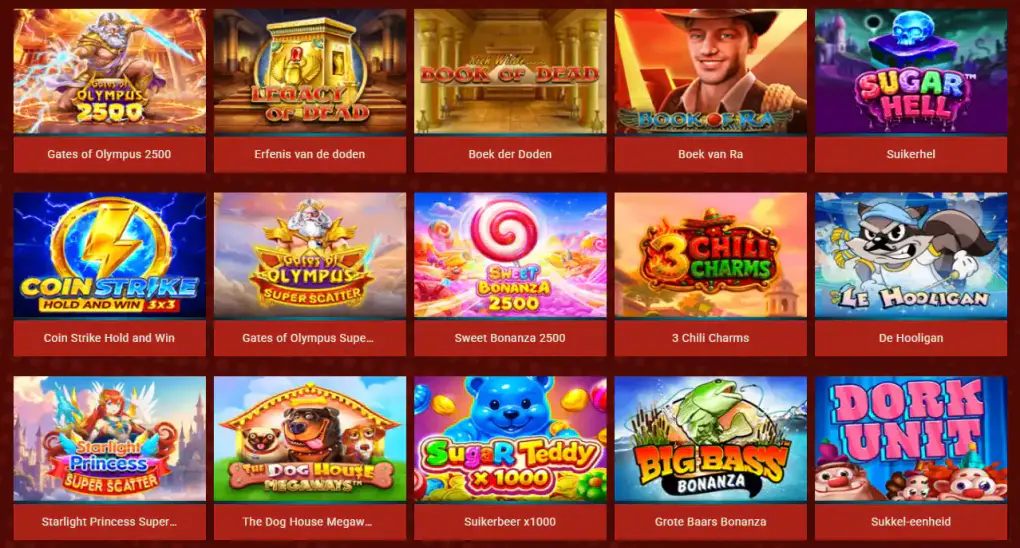 Overzicht van gokkasten bij Rant Casino met populaire spellen zoals Gates of Olympus 2500, Book of Ra en Sugar Hell
